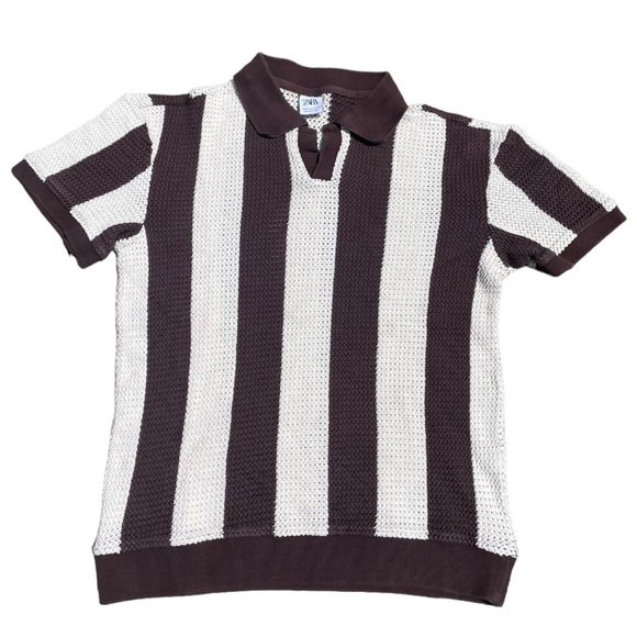 Brown and White Knitted Zara Polo Shirt (S) - Picture 2 of 6